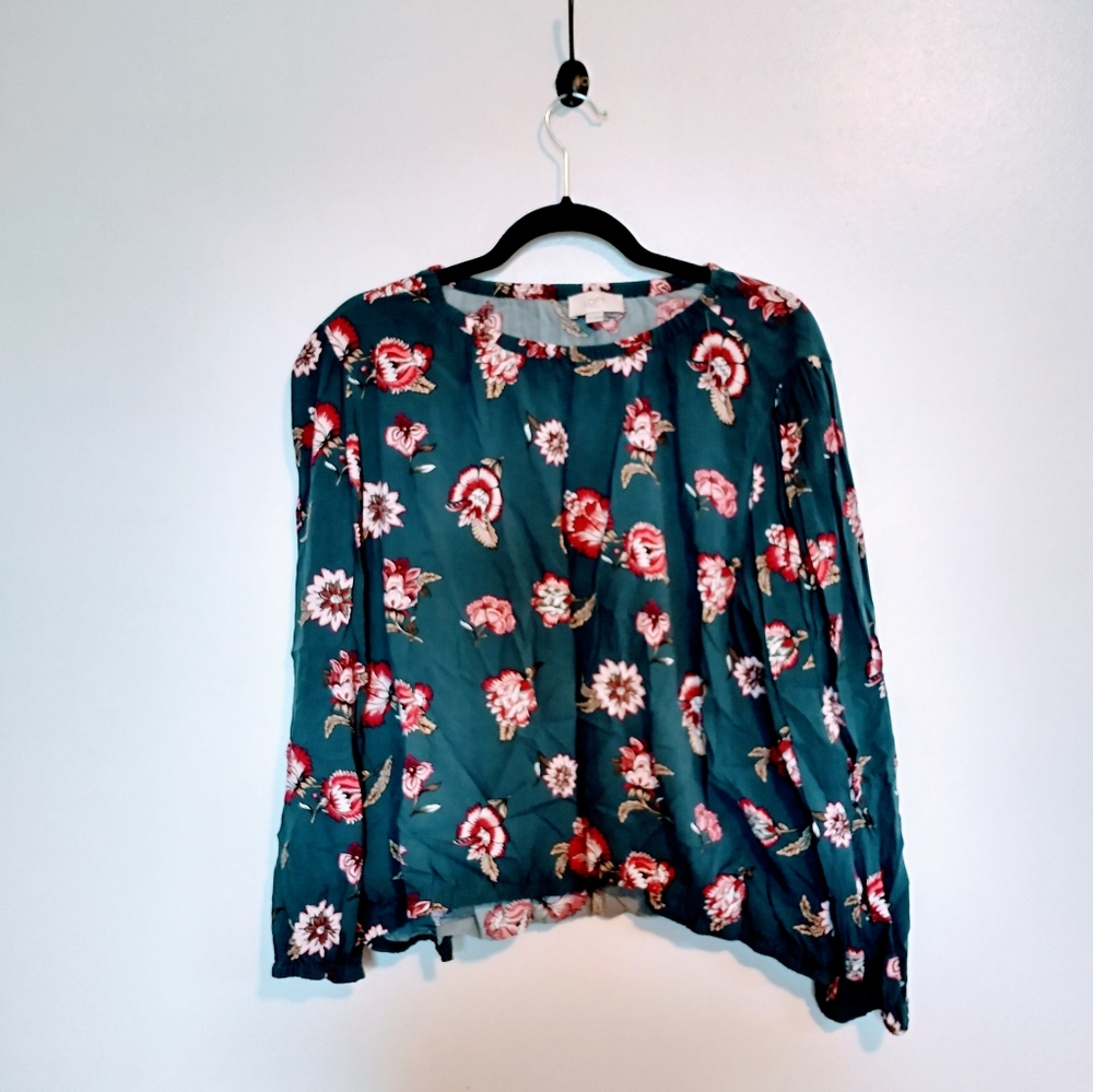 Loft floral green long sleeve blouse with elastic neckline size XL